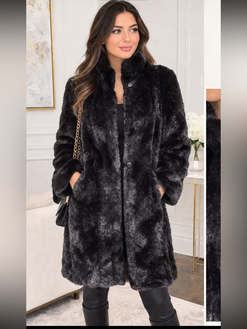 Vintage 1970s Avec Tu  Luxury Fabric Elegant Black Faux Fur Coat